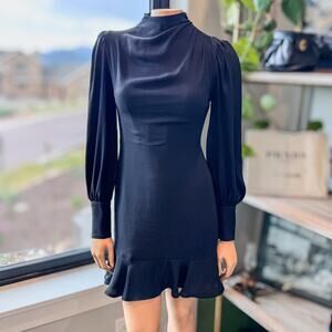 Express, Long Sleeve Draped Mock Neck Ruffle Black Mini Dress Women’s X-Small